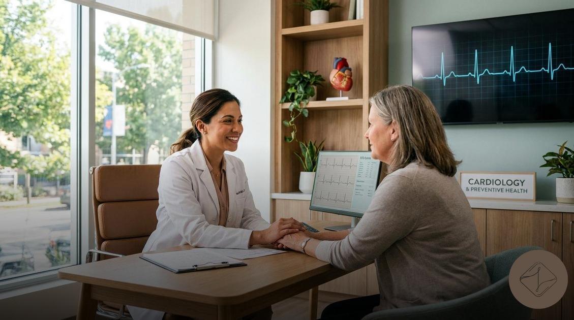 Acompanhamento cardiológico especializado com a Dra. Luciana Gouveia focado no risco cardiovascular na menopausa e na avaliação de sintomas como palpitações e dor no peito por estresse;risco cardiovascular na menopausa
